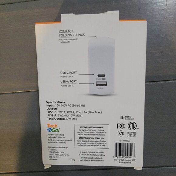 Tech & Go USB PD Wall Charger 30W, 2-Port, USB & USB-C - White - Picture 6 of 10